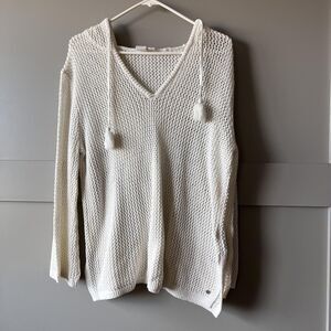 Roxy Sweater Womens Medium‎ White Hooded Pullover Knit Tassel V Neck Beach Cover